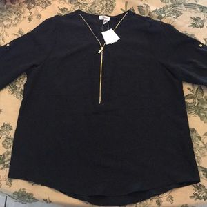 Calvin Klein Black Blouse Gold Accents Long Sleeve